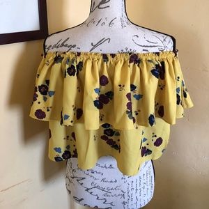 Tops - Yellow floral flounce off the shoulder crop top S Tops - Yellow floral flounce off the shoulder crop top S